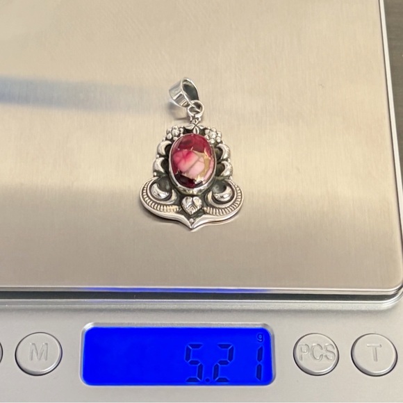 Pure Sterling Silver 925 Genuine Red Rose Dahlia Turquoise Pendant Navajo Style - Picture 9 of 11